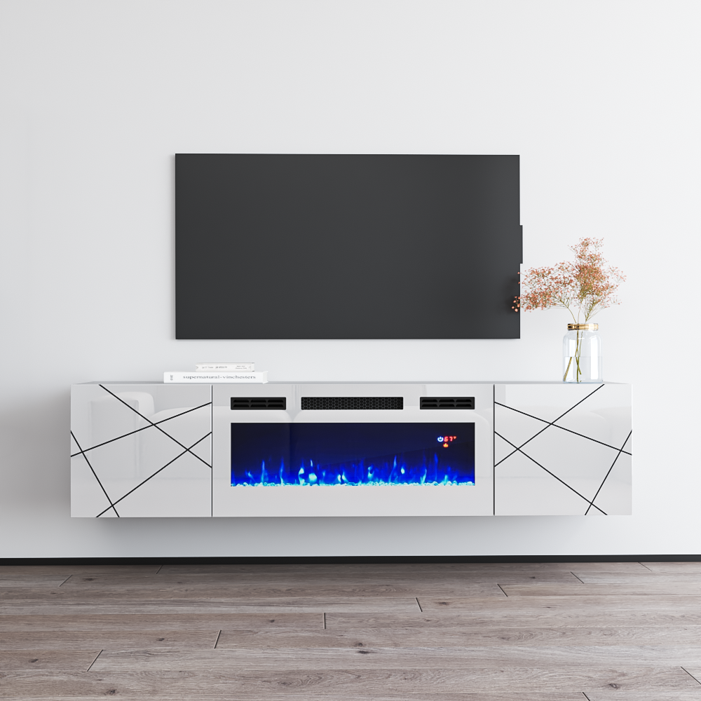 White tv stand with deals fireplace and led lights